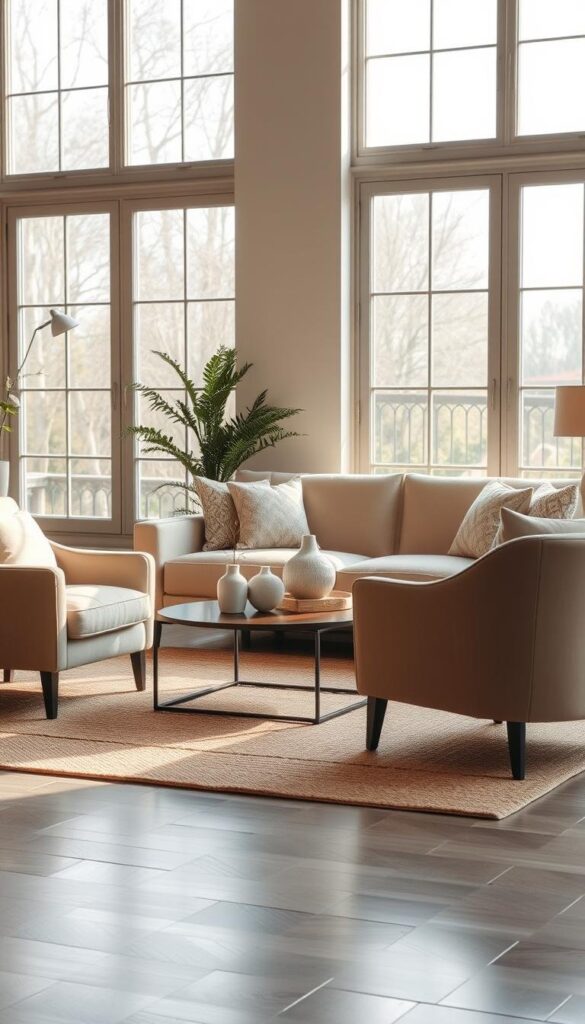 A cozy and inviting living room arrangement featuring a plush, modern sofa in a neutral tone, accented by a pair of stylish armchairs in a complementary color palette. Placed atop a textured area rug, a low coffee table with a minimalist design holds decorative elements like ceramic vases and greenery. Soft, warm lighting casts a glow across the scene, creating a comfortable and relaxing atmosphere. Large windows in the background allow natural light to filter in, illuminating the thoughtfully curated furnishings that harmonize to create an effortlessly elegant living space. A cozy and inviting living room arrangement featuring a plush, modern sofa in a neutral tone, accented by a pair of stylish armchairs in a complementary color palette. Placed atop a textured area rug, a low coffee table with a minimalist design holds decorative elements like ceramic vases and greenery. Soft, warm lighting casts a glow across the scene, creating a comfortable and relaxing atmosphere. Large windows in the background allow natural light to filter in, illuminating the thoughtfully curated furnishings that harmonize to create an effortlessly elegant living space.