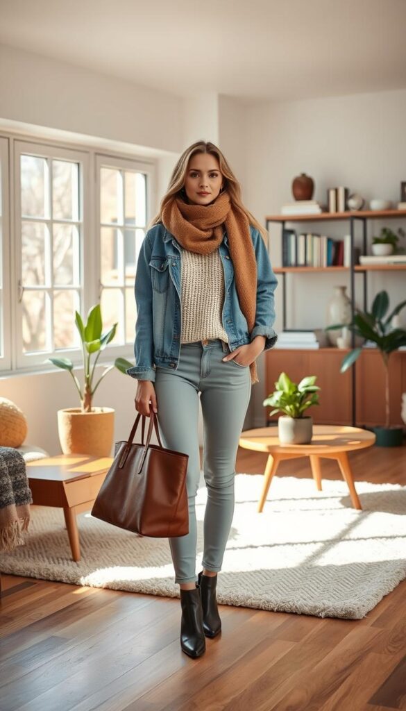 A cozy and inviting living room scene, with a large window that floods the space with soft, natural light. In the foreground, a model showcases a stylish layered outfit, perfect for transitional weather. She wears a lightweight sweater, a denim jacket, and a warm scarf, accessorized with a sleek leather tote bag. The middle ground features a plush area rug, a mid-century modern coffee table, and a houseplant, creating a harmonious, minimalist aesthetic. In the background, shelves display an array of books and decorative objects, hinting at the occupant's refined taste. The overall mood is one of comfort, style, and adaptability, capturing the essence of dressing for unpredictable conditions. A cozy and inviting living room scene, with a large window that floods the space with soft, natural light. In the foreground, a model showcases a stylish layered outfit, perfect for transitional weather. She wears a lightweight sweater, a denim jacket, and a warm scarf, accessorized with a sleek leather tote bag. The middle ground features a plush area rug, a mid-century modern coffee table, and a houseplant, creating a harmonious, minimalist aesthetic. In the background, shelves display an array of books and decorative objects, hinting at the occupant's refined taste. The overall mood is one of comfort, style, and adaptability, capturing the essence of dressing for unpredictable conditions.