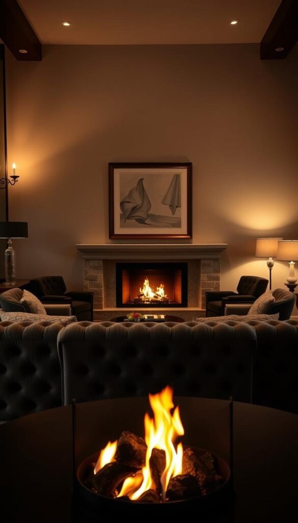 A cozy and inviting living room with a stunning focal point. In the foreground, a beautifully crafted fireplace with a warm, crackling fire, surrounded by elegant stone and wood accents. In the middle ground, a plush, tufted sofa and a pair of armchairs arranged to draw the eye towards the fireplace. Indirect lighting from sconces and floor lamps creates a soft, atmospheric glow. The background features a neutral-toned wall with a large, framed piece of art that complements the room's color scheme. The overall scene exudes a sense of balance, comfort, and refined sophistication. A cozy and inviting living room with a stunning focal point. In the foreground, a beautifully crafted fireplace with a warm, crackling fire, surrounded by elegant stone and wood accents. In the middle ground, a plush, tufted sofa and a pair of armchairs arranged to draw the eye towards the fireplace. Indirect lighting from sconces and floor lamps creates a soft, atmospheric glow. The background features a neutral-toned wall with a large, framed piece of art that complements the room's color scheme. The overall scene exudes a sense of balance, comfort, and refined sophistication.
