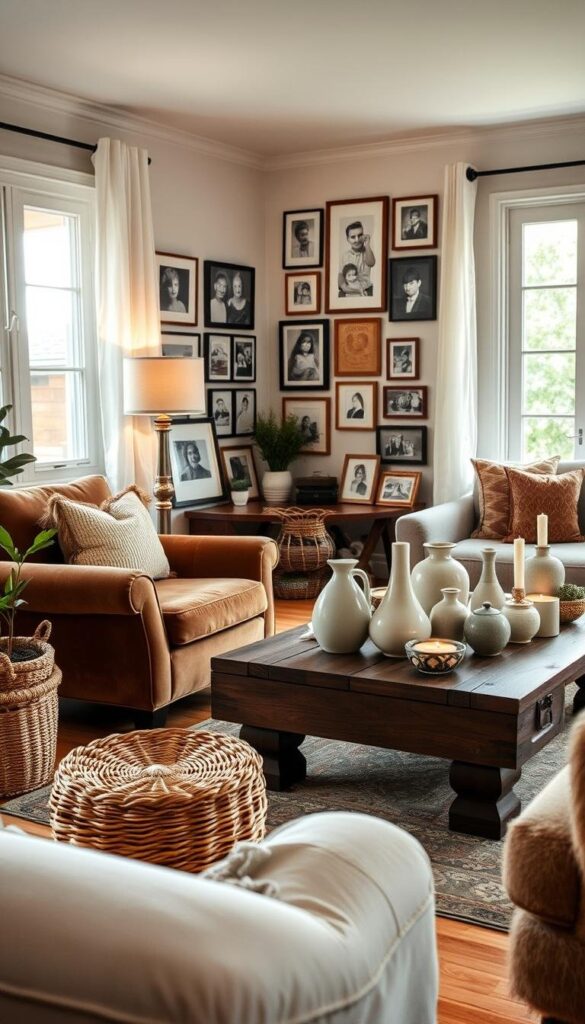 A cozy and inviting living room with budget-friendly decor elements. The foreground features a mix of vintage and modern accents, including a plush velvet armchair, a woven basket, and a small potted plant. The middle ground showcases a rustic wooden coffee table adorned with mismatched ceramic vases and candles. In the background, a gallery wall of framed artwork and family photos creates a personalized and warm atmosphere. Soft lighting from a floor lamp and natural sunlight from a large window imbue the space with a calming and reflective mood. The overall composition emphasizes a harmonious blend of textures, colors, and personal touches to create a truly unique and budget-friendly living room. A cozy and inviting living room with budget-friendly decor elements. The foreground features a mix of vintage and modern accents, including a plush velvet armchair, a woven basket, and a small potted plant. The middle ground showcases a rustic wooden coffee table adorned with mismatched ceramic vases and candles. In the background, a gallery wall of framed artwork and family photos creates a personalized and warm atmosphere. Soft lighting from a floor lamp and natural sunlight from a large window imbue the space with a calming and reflective mood. The overall composition emphasizes a harmonious blend of textures, colors, and personal touches to create a truly unique and budget-friendly living room.