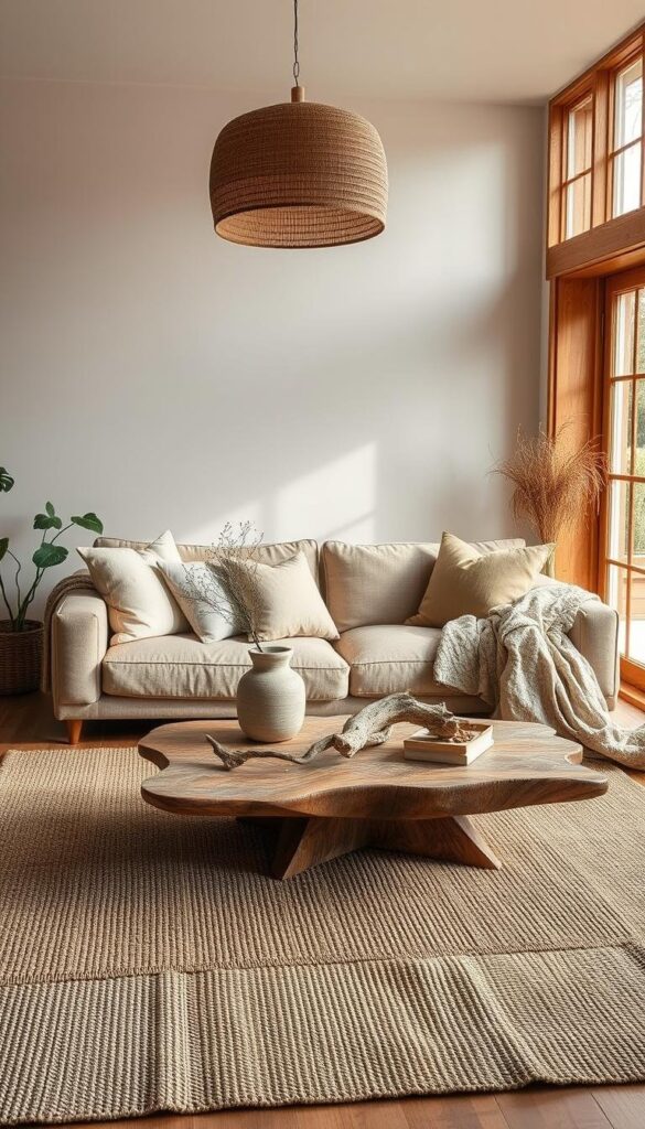 A cozy and inviting living room with wabi-sabi inspired decor. A low, organic coffee table made of natural wood and rattan sits atop a textured, neutral-toned area rug. Soft, earthy-toned cushions and throws adorn a simple, minimalist sofa. Trailing plants and a few carefully curated decorative objects, such as a ceramic vase and driftwood, lend an imperfect, handcrafted aesthetic. Warm, indirect lighting from a pendant lamp with a natural material shade casts a gentle glow over the scene. Large windows allow natural light to filter in, highlighting the imperfections and textures of the natural elements. An overall sense of tranquility and appreciation for the beauty in imperfection pervades the space. A cozy and inviting living room with wabi-sabi inspired decor. A low, organic coffee table made of natural wood and rattan sits atop a textured, neutral-toned area rug. Soft, earthy-toned cushions and throws adorn a simple, minimalist sofa. Trailing plants and a few carefully curated decorative objects, such as a ceramic vase and driftwood, lend an imperfect, handcrafted aesthetic. Warm, indirect lighting from a pendant lamp with a natural material shade casts a gentle glow over the scene. Large windows allow natural light to filter in, highlighting the imperfections and textures of the natural elements. An overall sense of tranquility and appreciation for the beauty in imperfection pervades the space.