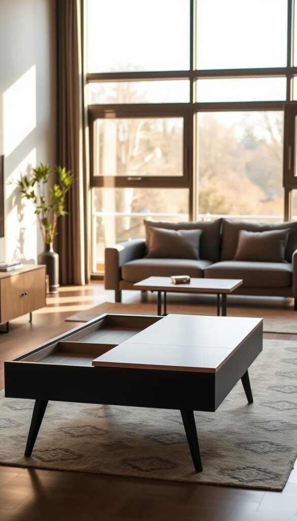 A cozy and inviting modern living room showcases a sleek and multifunctional coffee table, its surface doubling as a hidden storage compartment. In the background, a modular sofa seamlessly transforms into a comfortable daybed, maximizing the limited space. Warm, natural lighting filters through large windows, casting a soft glow on the clean-lined, space-saving furniture pieces. The arrangement highlights efficiency and versatility, creating a harmonious and practical living environment. A cozy and inviting modern living room showcases a sleek and multifunctional coffee table, its surface doubling as a hidden storage compartment. In the background, a modular sofa seamlessly transforms into a comfortable daybed, maximizing the limited space. Warm, natural lighting filters through large windows, casting a soft glow on the clean-lined, space-saving furniture pieces. The arrangement highlights efficiency and versatility, creating a harmonious and practical living environment.