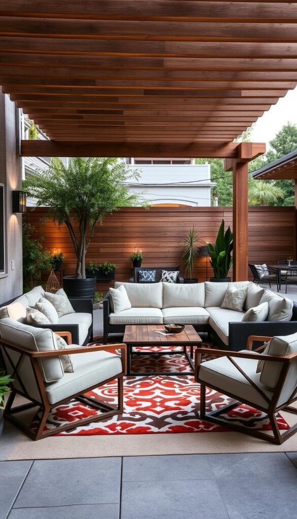 A cozy and inviting patio with a thoughtfully curated selection of comfortable, creative furniture. In the foreground, a plush sectional sofa with modern, clean lines and soft, textured cushions invites relaxation. Complementing it, a pair of stylish yet practical armchairs with unique, geometric designs. A low-profile coffee table with a natural wood or stone top anchors the seating area. In the middle ground, a statement-making outdoor rug in a bold, abstract pattern grounds the space. Overhead, a slatted wood pergola casts a warm, dappled light across the scene. Potted plants and subtle lighting elements add finishing touches, creating an atmosphere of laid-back sophistication. A cozy and inviting patio with a thoughtfully curated selection of comfortable, creative furniture. In the foreground, a plush sectional sofa with modern, clean lines and soft, textured cushions invites relaxation. Complementing it, a pair of stylish yet practical armchairs with unique, geometric designs. A low-profile coffee table with a natural wood or stone top anchors the seating area. In the middle ground, a statement-making outdoor rug in a bold, abstract pattern grounds the space. Overhead, a slatted wood pergola casts a warm, dappled light across the scene. Potted plants and subtle lighting elements add finishing touches, creating an atmosphere of laid-back sophistication.