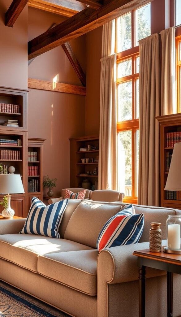 A cozy and inviting preppy-style living room with warm natural lighting filtering through large windows. The foreground features a plush sofa adorned with striped accent pillows in shades of navy, white, and coral. Wooden end tables with decorative vases and candles flank the sofa, complementing the rustic wooden beams in the middle ground. Bookshelves line the walls, their shelves displaying a curated collection of leather-bound books and decorative objects. The background showcases elegant curtains framing the windows, allowing the natural light to create a soft, ambient glow throughout the space. The overall atmosphere exudes a sense of timeless sophistication and classic preppy charm. A cozy and inviting preppy-style living room with warm natural lighting filtering through large windows. The foreground features a plush sofa adorned with striped accent pillows in shades of navy, white, and coral. Wooden end tables with decorative vases and candles flank the sofa, complementing the rustic wooden beams in the middle ground. Bookshelves line the walls, their shelves displaying a curated collection of leather-bound books and decorative objects. The background showcases elegant curtains framing the windows, allowing the natural light to create a soft, ambient glow throughout the space. The overall atmosphere exudes a sense of timeless sophistication and classic preppy charm.