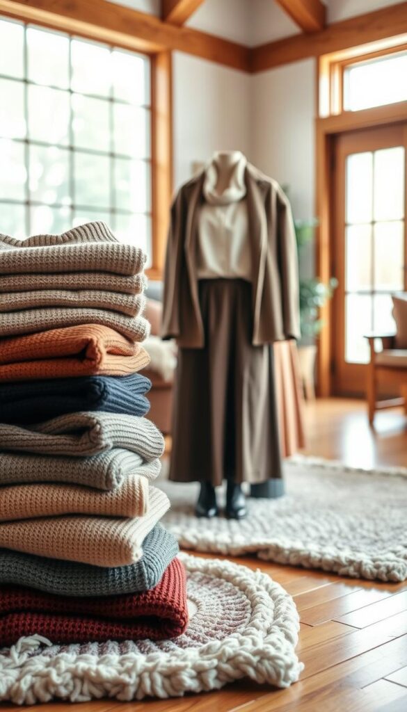 A cozy and inviting scene showcasing a collection of versatile transitional season layering pieces. In the foreground, a stack of neatly folded knit sweaters, cardigans, and a lightweight jacket in earthy tones. In the middle ground, a pair of tailored trousers, a flowy midi skirt, and some ankle boots sit atop a plush area rug. The background features a warm, well-lit interior with natural wood accents and a large window, allowing in soft, diffused lighting. The overall mood is one of effortless style and comfort, capturing the essence of transitional dressing for the changing seasons. A cozy and inviting scene showcasing a collection of versatile transitional season layering pieces. In the foreground, a stack of neatly folded knit sweaters, cardigans, and a lightweight jacket in earthy tones. In the middle ground, a pair of tailored trousers, a flowy midi skirt, and some ankle boots sit atop a plush area rug. The background features a warm, well-lit interior with natural wood accents and a large window, allowing in soft, diffused lighting. The overall mood is one of effortless style and comfort, capturing the essence of transitional dressing for the changing seasons.