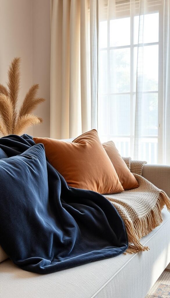 A cozy and inviting seasonal decor scene with an artful arrangement of layered fabrics. In the foreground, a plush velvet throw in a rich jewel-toned hue drapes over a neutral linen sofa. Midground, a textured woven blanket in earthy tones complements a lush velvet pillow. In the background, sheer linen curtains in a soft, airy palette frame a large window, allowing natural light to filter in and create a warm, ambient glow. The overall aesthetic is one of refined elegance and tactile comfort, perfectly capturing the essence of summertime luxe. A cozy and inviting seasonal decor scene with an artful arrangement of layered fabrics. In the foreground, a plush velvet throw in a rich jewel-toned hue drapes over a neutral linen sofa. Midground, a textured woven blanket in earthy tones complements a lush velvet pillow. In the background, sheer linen curtains in a soft, airy palette frame a large window, allowing natural light to filter in and create a warm, ambient glow. The overall aesthetic is one of refined elegance and tactile comfort, perfectly capturing the essence of summertime luxe.