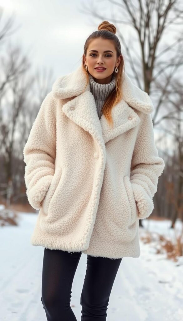 A cozy and luxurious teddy bear coat in a warm, off-white hue. The soft, plush texture is accentuated by the gentle lighting, creating a comforting and inviting atmosphere. The coat is worn by a fashionable model, standing in a snowy, winter scene with a backdrop of bare trees and a cloudy, overcast sky. The model's expression conveys a sense of contentment and coziness, perfectly capturing the essence of the "coziest trend" of the season. A cozy and luxurious teddy bear coat in a warm, off-white hue. The soft, plush texture is accentuated by the gentle lighting, creating a comforting and inviting atmosphere. The coat is worn by a fashionable model, standing in a snowy, winter scene with a backdrop of bare trees and a cloudy, overcast sky. The model's expression conveys a sense of contentment and coziness, perfectly capturing the essence of the "coziest trend" of the season.
