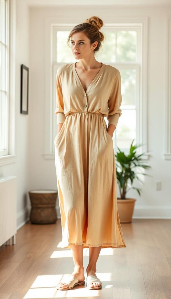 A cozy and professional work-from-home outfit featuring a flowing midi dress in a soft, earthy tone. The dress has a v-neck, slightly puffed sleeves, and a relaxed silhouette. The model wears minimal jewelry, like delicate gold hoops, and has her hair in a messy bun. Her feet are adorned with comfortable, cushioned slides in a neutral color. The background is a bright, airy room with natural light streaming in through large windows, creating a warm and inviting atmosphere. The overall vibe is one of effortless style and relaxed productivity. A cozy and professional work-from-home outfit featuring a flowing midi dress in a soft, earthy tone. The dress has a v-neck, slightly puffed sleeves, and a relaxed silhouette. The model wears minimal jewelry, like delicate gold hoops, and has her hair in a messy bun. Her feet are adorned with comfortable, cushioned slides in a neutral color. The background is a bright, airy room with natural light streaming in through large windows, creating a warm and inviting atmosphere. The overall vibe is one of effortless style and relaxed productivity.
