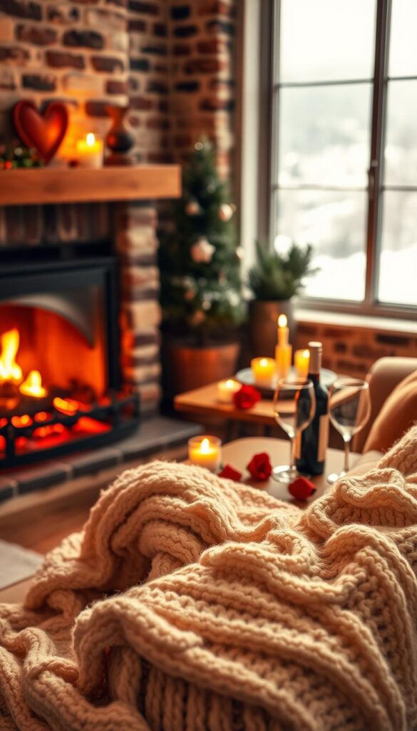 A cozy and romantic at-home Valentine's date setting. In the foreground, a plush cream-colored knit blanket and fluffy pillows adorn a comfortable couch, with a crackling fireplace gently illuminating the scene. In the middle ground, a small wooden table is set with a single red rose, a bottle of wine, and two crystal glasses. Soft candlelight casts a warm glow, creating an intimate atmosphere. The background features exposed brick walls and a large window overlooking a snowy, winter landscape, adding to the sense of coziness and tranquility. The lighting is a combination of the fireplace, candles, and gentle natural light, creating a flattering, romantic ambiance. A cozy and romantic at-home Valentine's date setting. In the foreground, a plush cream-colored knit blanket and fluffy pillows adorn a comfortable couch, with a crackling fireplace gently illuminating the scene. In the middle ground, a small wooden table is set with a single red rose, a bottle of wine, and two crystal glasses. Soft candlelight casts a warm glow, creating an intimate atmosphere. The background features exposed brick walls and a large window overlooking a snowy, winter landscape, adding to the sense of coziness and tranquility. The lighting is a combination of the fireplace, candles, and gentle natural light, creating a flattering, romantic ambiance.
