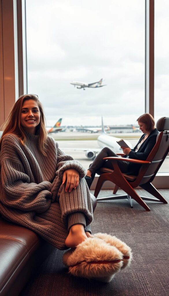 A cozy and stylish airport lounge scene. In the foreground, a young woman relaxes in a plush, oversized gray knit sweater and matching joggers, her feet tucked into fluffy slippers. The middle ground features a sleek, minimal wood-and-leather chair where another traveler sits, reading a book. In the background, a large window offers a view of the tarmac, with planes taking off under a softly overcast sky. The lighting is warm and diffused, creating a sense of comfort and ease. The overall atmosphere is one of effortless, laid-back chic - the perfect embodiment of comfy yet put-together airport style. A cozy and stylish airport lounge scene. In the foreground, a young woman relaxes in a plush, oversized gray knit sweater and matching joggers, her feet tucked into fluffy slippers. The middle ground features a sleek, minimal wood-and-leather chair where another traveler sits, reading a book. In the background, a large window offers a view of the tarmac, with planes taking off under a softly overcast sky. The lighting is warm and diffused, creating a sense of comfort and ease. The overall atmosphere is one of effortless, laid-back chic - the perfect embodiment of comfy yet put-together airport style.