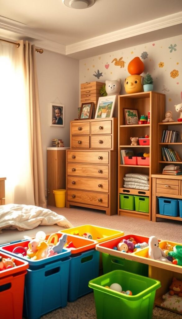 A cozy and vibrant children's bedroom with ample storage solutions. Warm, natural lighting floods the scene, creating a cheerful and inviting atmosphere. In the foreground, colorful toy bins and shelves neatly organize a variety of playthings, books, and trinkets. The middle ground features a mix of open and closed storage options, including a dresser with intricate drawers and a bookcase displaying whimsical decorations. The background showcases a playful wall mural or artful wallpaper, complementing the overall aesthetic. The room exudes a sense of order and functionality, perfectly suited for a child's imaginative and active lifestyle. A cozy and vibrant children's bedroom with ample storage solutions. Warm, natural lighting floods the scene, creating a cheerful and inviting atmosphere. In the foreground, colorful toy bins and shelves neatly organize a variety of playthings, books, and trinkets. The middle ground features a mix of open and closed storage options, including a dresser with intricate drawers and a bookcase displaying whimsical decorations. The background showcases a playful wall mural or artful wallpaper, complementing the overall aesthetic. The room exudes a sense of order and functionality, perfectly suited for a child's imaginative and active lifestyle.
