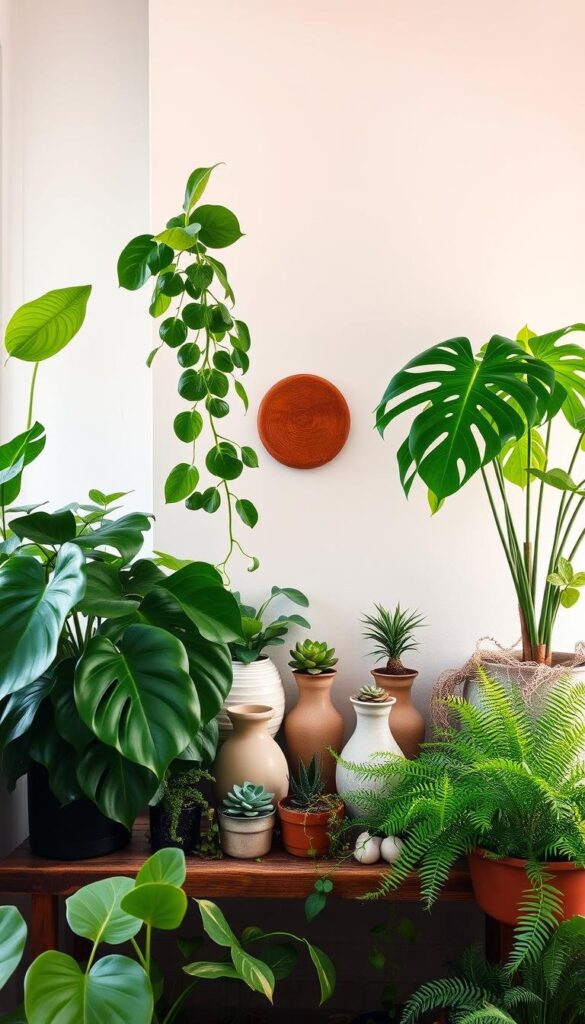 A cozy and well-lit indoor scene showcasing a variety of lush, thriving potted plants artfully arranged to create a warm and inviting ambiance. The foreground features an assortment of leafy houseplants, including a large fiddle-leaf fig, a trailing pothos, and a vibrant monstera deliciosa, all placed on a rustic wooden shelf. The middle ground showcases a mix of smaller potted succulents and ferns nestled among decorative vases and ceramic planters. The background features a minimalist wall with natural textures, such as exposed brick or wood paneling, to complement the organic elements. Soft, diffused lighting from a nearby window casts a gentle glow, enhancing the verdant foliage and creating an atmosphere of tranquility and harmony. A cozy and well-lit indoor scene showcasing a variety of lush, thriving potted plants artfully arranged to create a warm and inviting ambiance. The foreground features an assortment of leafy houseplants, including a large fiddle-leaf fig, a trailing pothos, and a vibrant monstera deliciosa, all placed on a rustic wooden shelf. The middle ground showcases a mix of smaller potted succulents and ferns nestled among decorative vases and ceramic planters. The background features a minimalist wall with natural textures, such as exposed brick or wood paneling, to complement the organic elements. Soft, diffused lighting from a nearby window casts a gentle glow, enhancing the verdant foliage and creating an atmosphere of tranquility and harmony.