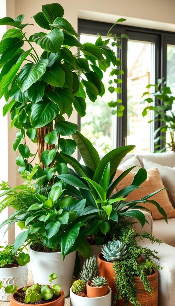 A cozy and well-lit living room setting, featuring a diverse arrangement of thriving indoor plants carefully curated for their visual appeal and air-purifying benefits. The foreground showcases a cluster of lush, verdant potted plants, including a towering fiddle-leaf fig, a trailing pothos, and a sculpted jade plant. In the middle ground, a small side table holds a collection of succulents and a delicate air plant in simple ceramic pots. The background depicts a large window framing a glimpse of the outdoors, allowing natural sunlight to filter in and create a warm, inviting atmosphere. The overall composition conveys a harmonious balance between the natural and the domestic, inspiring ideas for optimizing indoor spaces with the right houseplants. A cozy and well-lit living room setting, featuring a diverse arrangement of thriving indoor plants carefully curated for their visual appeal and air-purifying benefits. The foreground showcases a cluster of lush, verdant potted plants, including a towering fiddle-leaf fig, a trailing pothos, and a sculpted jade plant. In the middle ground, a small side table holds a collection of succulents and a delicate air plant in simple ceramic pots. The background depicts a large window framing a glimpse of the outdoors, allowing natural sunlight to filter in and create a warm, inviting atmosphere. The overall composition conveys a harmonious balance between the natural and the domestic, inspiring ideas for optimizing indoor spaces with the right houseplants.