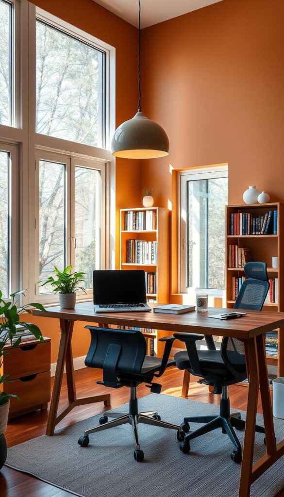 A cozy and well-organized home office with ample natural light streaming through large windows. In the foreground, a minimalist wooden desk and a comfortable ergonomic chair. On the desk, a sleek laptop, a potted plant, and a few neatly arranged office supplies. The middle ground features a tall bookshelf filled with volumes and a few decorative items. The background showcases warm-toned walls, complemented by a modern pendant light fixture providing a soft, ambient glow. The overall atmosphere is one of productivity and tranquility, fostering a conducive environment for focused work. A cozy and well-organized home office with ample natural light streaming through large windows. In the foreground, a minimalist wooden desk and a comfortable ergonomic chair. On the desk, a sleek laptop, a potted plant, and a few neatly arranged office supplies. The middle ground features a tall bookshelf filled with volumes and a few decorative items. The background showcases warm-toned walls, complemented by a modern pendant light fixture providing a soft, ambient glow. The overall atmosphere is one of productivity and tranquility, fostering a conducive environment for focused work.