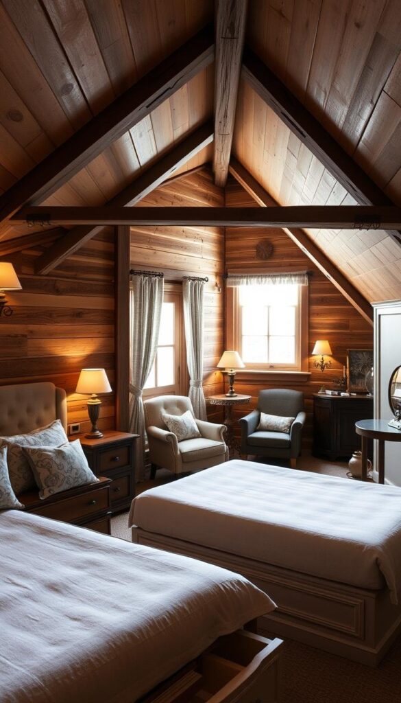A cozy attic bedroom with a warm, inviting atmosphere. In the foreground, a pair of elegant storage beds with plush upholstered headboards and ample built-in drawers for practical organization. The middle ground features rustic wood paneled walls and exposed beams, creating a charming, traditional ambiance. Soft lighting from vintage-inspired sconces casts a gentle glow, while a large dormer window allows natural light to stream in, illuminating the space. Delicate curtains frame the window, adding a touch of softness. In the background, a mix of vintage and modern decor elements, such as a cozy armchair, a quirky side table, and carefully curated wall art, complete the eclectic yet harmonious aesthetic. An inviting and functional attic oasis. A cozy attic bedroom with a warm, inviting atmosphere. In the foreground, a pair of elegant storage beds with plush upholstered headboards and ample built-in drawers for practical organization. The middle ground features rustic wood paneled walls and exposed beams, creating a charming, traditional ambiance. Soft lighting from vintage-inspired sconces casts a gentle glow, while a large dormer window allows natural light to stream in, illuminating the space. Delicate curtains frame the window, adding a touch of softness. In the background, a mix of vintage and modern decor elements, such as a cozy armchair, a quirky side table, and carefully curated wall art, complete the eclectic yet harmonious aesthetic. An inviting and functional attic oasis.