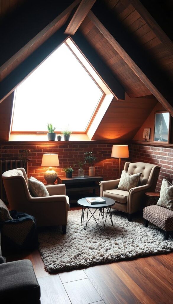 A cozy attic nook, illuminated by warm, diffused lighting filtering through a large dormer window. Plush, inviting armchairs upholstered in soft, earthy tones sit atop a plush, textured area rug. Wooden beams and exposed brick walls create a rustic, charming atmosphere, complemented by artfully arranged decorative elements - potted plants, vintage-inspired lamps, and a small, neatly organized side table. The space exudes a sense of comfort and relaxation, perfect for carving out a intimate, functional zone within the expansive attic. A cozy attic nook, illuminated by warm, diffused lighting filtering through a large dormer window. Plush, inviting armchairs upholstered in soft, earthy tones sit atop a plush, textured area rug. Wooden beams and exposed brick walls create a rustic, charming atmosphere, complemented by artfully arranged decorative elements - potted plants, vintage-inspired lamps, and a small, neatly organized side table. The space exudes a sense of comfort and relaxation, perfect for carving out a intimate, functional zone within the expansive attic.