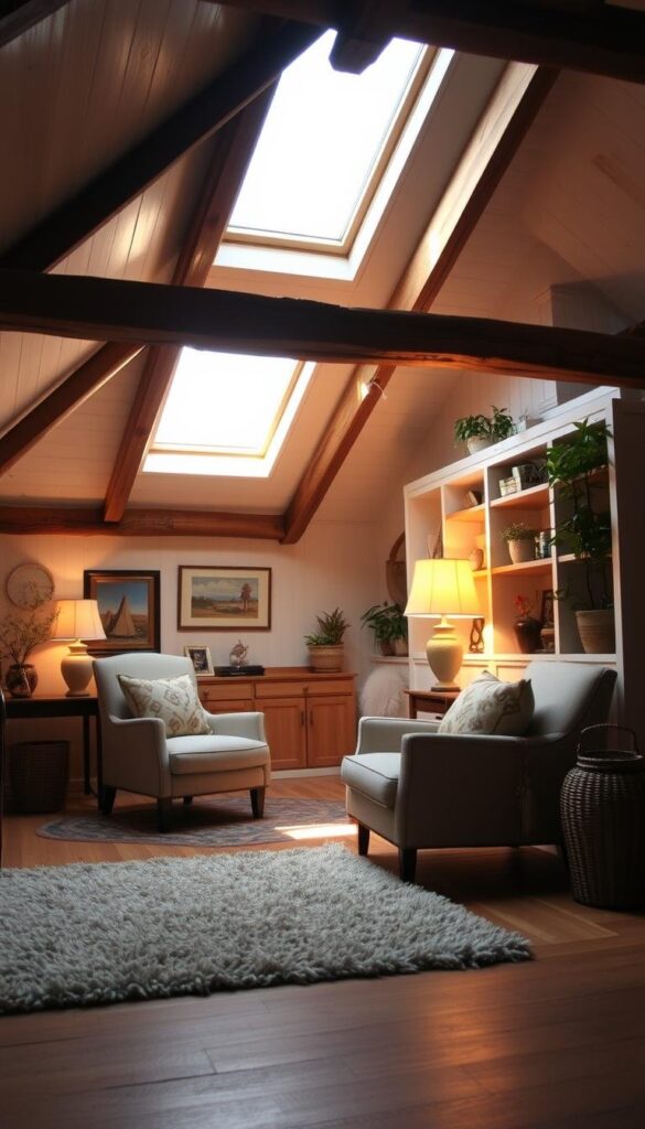 A cozy attic space with natural light streaming through a large skylight, casting a warm glow on the inviting decor. The foreground features a plush area rug, a comfortable armchair, and a small side table with a vintage-styled lamp. The middle ground showcases built-in shelving units, displaying an assortment of decorative items and plants, adding warmth and personality to the space. The background reveals exposed beams and whitewashed walls, creating a charming, rustic ambiance. The overall mood is one of peaceful tranquility, highlighting how thoughtful lighting and decor can transform an attic into a serene, functional retreat. A cozy attic space with natural light streaming through a large skylight, casting a warm glow on the inviting decor. The foreground features a plush area rug, a comfortable armchair, and a small side table with a vintage-styled lamp. The middle ground showcases built-in shelving units, displaying an assortment of decorative items and plants, adding warmth and personality to the space. The background reveals exposed beams and whitewashed walls, creating a charming, rustic ambiance. The overall mood is one of peaceful tranquility, highlighting how thoughtful lighting and decor can transform an attic into a serene, functional retreat.