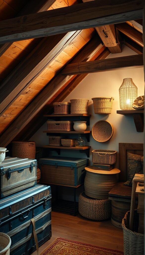 A cozy attic space with rustic wooden beams, soft ambient lighting, and a mix of textured storage solutions. Vintage trunks, woven baskets, and reclaimed shelves create a warm, inviting atmosphere. The scene is bathed in a gentle glow, highlighting the natural textures and tones. A sense of organization and functionality prevails, showcasing the potential of this versatile room. The image should convey a balanced, visually appealing aesthetic that complements the "Decorating with Texture" theme. A cozy attic space with rustic wooden beams, soft ambient lighting, and a mix of textured storage solutions. Vintage trunks, woven baskets, and reclaimed shelves create a warm, inviting atmosphere. The scene is bathed in a gentle glow, highlighting the natural textures and tones. A sense of organization and functionality prevails, showcasing the potential of this versatile room. The image should convey a balanced, visually appealing aesthetic that complements the "Decorating with Texture" theme.