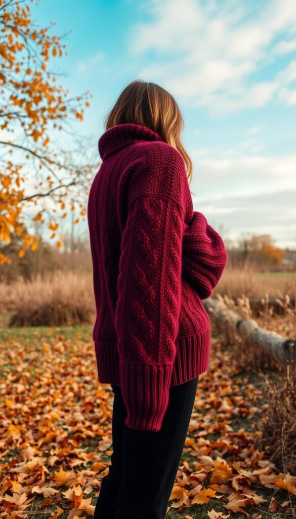 A cozy autumn day, a warm sweater embraces the figure of a stylishly dressed person. The knitted fabric in a rich burgundy hue creates a vibrant contrast against the cool blue tones of the sky and the muted neutrals of the surroundings. Crisp leaves in shades of gold and amber litter the ground, adding a touch of rustic elegance. The soft, diffused lighting casts a gentle glow, highlighting the intricate patterns and textures of the sweater. The overall scene exudes a sense of tranquility and effortless style, perfectly capturing the essence of November's color coordination for sweater outfits. A cozy autumn day, a warm sweater embraces the figure of a stylishly dressed person. The knitted fabric in a rich burgundy hue creates a vibrant contrast against the cool blue tones of the sky and the muted neutrals of the surroundings. Crisp leaves in shades of gold and amber litter the ground, adding a touch of rustic elegance. The soft, diffused lighting casts a gentle glow, highlighting the intricate patterns and textures of the sweater. The overall scene exudes a sense of tranquility and effortless style, perfectly capturing the essence of November's color coordination for sweater outfits.