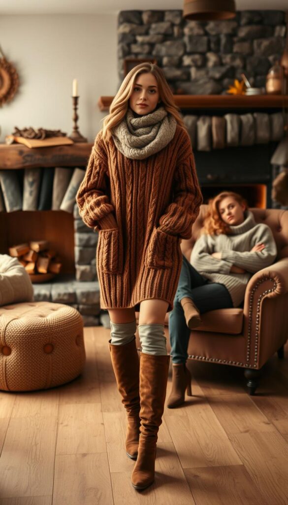 A cozy, autumnal scene showcasing stylish, chunky knit outfits. In the foreground, a female model poses confidently, wearing an oversized, cable-knit sweater dress in a rich, earthy tone. Her look is accessorized with a matching scarf and a pair of knee-high, suede boots. In the middle ground, another model reclines on a plush, tufted armchair, clad in a bulky, textured cardigan and slim-fit, wool trousers. The background depicts a cozy, rustic interior - a crackling fireplace, warm lighting, and plush, textured furnishings create an inviting, hygge-inspired atmosphere. The lighting is soft and diffused, emphasizing the warmth and coziness of the scene. The camera angle is slightly elevated, giving a natural, lifestyle-inspired perspective. A cozy, autumnal scene showcasing stylish, chunky knit outfits. In the foreground, a female model poses confidently, wearing an oversized, cable-knit sweater dress in a rich, earthy tone. Her look is accessorized with a matching scarf and a pair of knee-high, suede boots. In the middle ground, another model reclines on a plush, tufted armchair, clad in a bulky, textured cardigan and slim-fit, wool trousers. The background depicts a cozy, rustic interior - a crackling fireplace, warm lighting, and plush, textured furnishings create an inviting, hygge-inspired atmosphere. The lighting is soft and diffused, emphasizing the warmth and coziness of the scene. The camera angle is slightly elevated, giving a natural, lifestyle-inspired perspective.