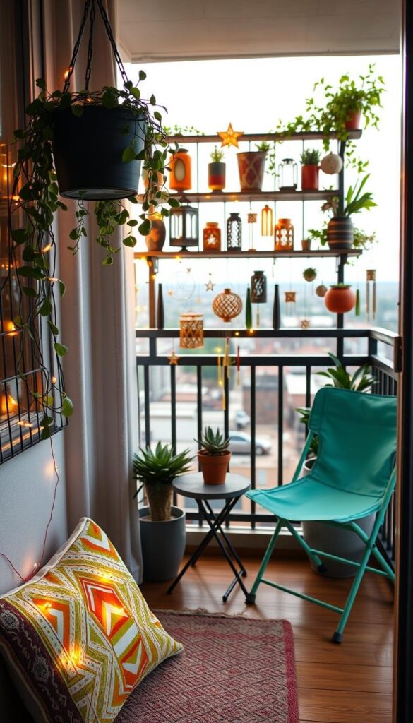 A cozy balcony nook with budget-friendly yet stylish accessories. In the foreground, a hanging plant, a vibrant throw pillow, and a compact side table with a potted succulent. In the middle, a string of twinkling fairy lights, a small outdoor rug, and a foldable chair in a cheerful color. The background features a trellis or wall-mounted shelves displaying an assortment of decorative lanterns, planters, and artisanal wind chimes. Warm, natural lighting creates a welcoming ambiance, with the balcony overlooking a serene urban landscape. A cozy balcony nook with budget-friendly yet stylish accessories. In the foreground, a hanging plant, a vibrant throw pillow, and a compact side table with a potted succulent. In the middle, a string of twinkling fairy lights, a small outdoor rug, and a foldable chair in a cheerful color. The background features a trellis or wall-mounted shelves displaying an assortment of decorative lanterns, planters, and artisanal wind chimes. Warm, natural lighting creates a welcoming ambiance, with the balcony overlooking a serene urban landscape.