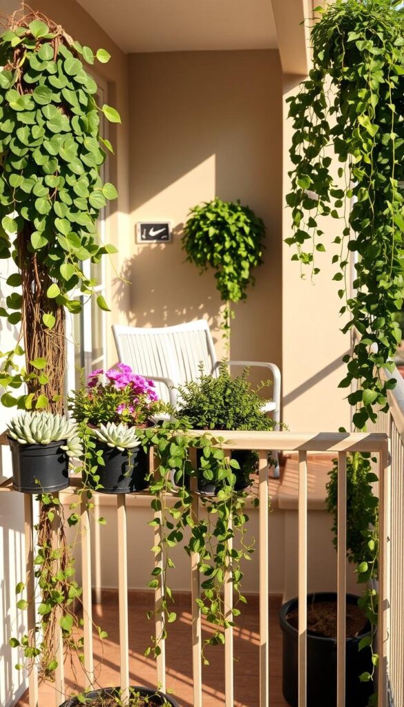 A cozy balcony space, bathed in warm afternoon light, showcases a harmonious arrangement of lush, verdant plants. In the foreground, cascading vines and potted succulents adorn the railing, creating a natural, eye-catching display. The mid-ground features a mix of flowering plants and trailing ivy, strategically placed to maximize the available space and add pops of color. In the background, a pair of small, stylish chairs invites relaxation, nestled among the greenery and casting soft shadows. The overall composition exudes a sense of tranquility and a connection to the outdoors, transforming the balcony into a serene oasis in the midst of the city. A cozy balcony space, bathed in warm afternoon light, showcases a harmonious arrangement of lush, verdant plants. In the foreground, cascading vines and potted succulents adorn the railing, creating a natural, eye-catching display. The mid-ground features a mix of flowering plants and trailing ivy, strategically placed to maximize the available space and add pops of color. In the background, a pair of small, stylish chairs invites relaxation, nestled among the greenery and casting soft shadows. The overall composition exudes a sense of tranquility and a connection to the outdoors, transforming the balcony into a serene oasis in the midst of the city.