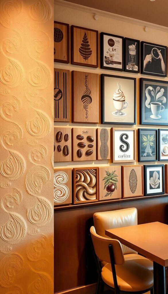 A cozy cafe wall, bathed in warm beige tones, showcases a delightful display of coffee-inspired design techniques. In the foreground, intricate latte art patterns are stenciled onto the textured plaster, creating a mesmerizing visual feast. The middle ground features an array of expertly crafted wooden wall panels, each adorned with a unique coffee-themed motif, such as engraved coffee beans or hand-painted coffee cherries. In the background, a meticulously curated gallery of framed artworks captures the essence of the latte-decorating craft, from vintage coffee advertisements to abstract interpretations of foam textures. The overall scene exudes a sense of inviting warmth and artisanal charm, perfectly complementing the "Essential Materials for Latte Decor" section of the article. A cozy cafe wall, bathed in warm beige tones, showcases a delightful display of coffee-inspired design techniques. In the foreground, intricate latte art patterns are stenciled onto the textured plaster, creating a mesmerizing visual feast. The middle ground features an array of expertly crafted wooden wall panels, each adorned with a unique coffee-themed motif, such as engraved coffee beans or hand-painted coffee cherries. In the background, a meticulously curated gallery of framed artworks captures the essence of the latte-decorating craft, from vintage coffee advertisements to abstract interpretations of foam textures. The overall scene exudes a sense of inviting warmth and artisanal charm, perfectly complementing the "Essential Materials for Latte Decor" section of the article.