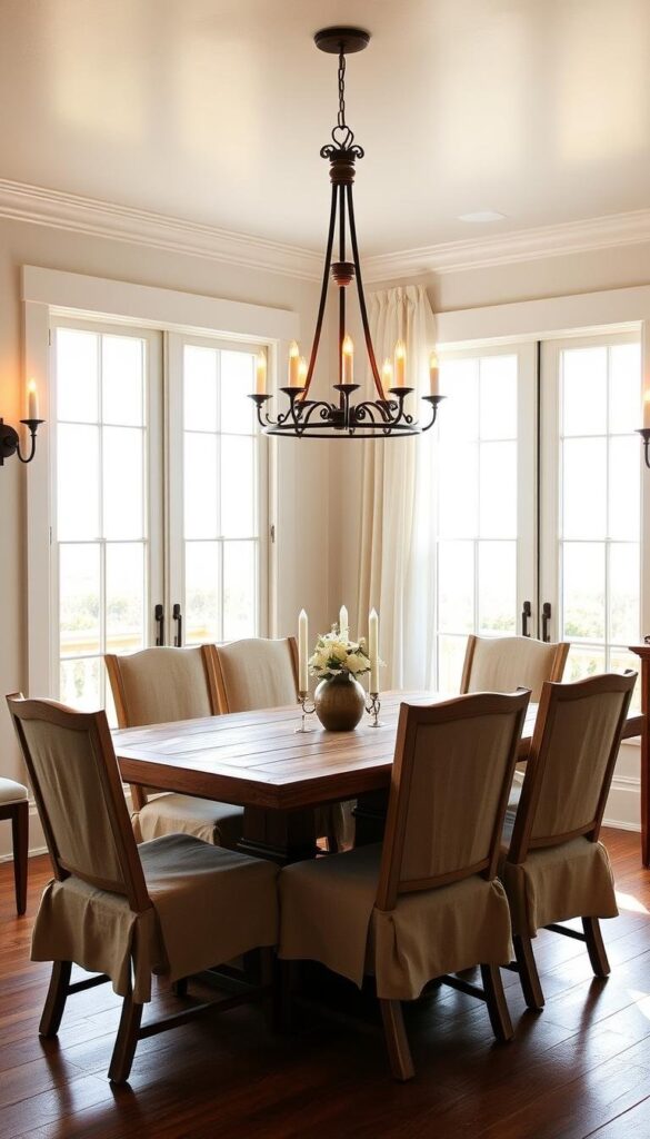 A cozy coastal dining room, bathed in the warm glow of natural lighting. Overhead, a rustic yet elegant chandelier casts a soft, ambient light, its wrought-iron frame and twinkling candles creating a inviting atmosphere. Tall windows flank the table, allowing sunlight to stream in, casting a golden hue across the weathered wood and linen-draped chairs. Subtle sconces along the walls provide additional illumination, their soft light reflecting off the smooth, whitewashed walls. Gentle ocean breezes flutter the sheer curtains, completing the serene, laid-back vibe perfect for an alfresco summer meal. A cozy coastal dining room, bathed in the warm glow of natural lighting. Overhead, a rustic yet elegant chandelier casts a soft, ambient light, its wrought-iron frame and twinkling candles creating a inviting atmosphere. Tall windows flank the table, allowing sunlight to stream in, casting a golden hue across the weathered wood and linen-draped chairs. Subtle sconces along the walls provide additional illumination, their soft light reflecting off the smooth, whitewashed walls. Gentle ocean breezes flutter the sheer curtains, completing the serene, laid-back vibe perfect for an alfresco summer meal.