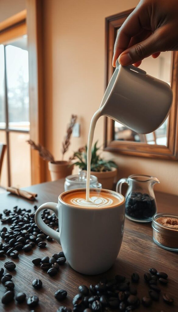A cozy coffee bar setting with latte art and decorative elements. In the foreground, a hand carefully pours steamed milk into a ceramic mug, creating intricate latte art designs. The middle ground features an assortment of coffee beans, cinnamon sticks, and a small glass pitcher filled with cocoa powder. In the background, a warm beige wall is adorned with a wooden framed mirror, giving the scene a inviting, comforting atmosphere. Soft, natural lighting from a nearby window casts a gentle glow, highlighting the rich tones and textures. The overall composition conveys the artistry and craftsmanship of latte decorating, evoking a sense of calm and coziness. A cozy coffee bar setting with latte art and decorative elements. In the foreground, a hand carefully pours steamed milk into a ceramic mug, creating intricate latte art designs. The middle ground features an assortment of coffee beans, cinnamon sticks, and a small glass pitcher filled with cocoa powder. In the background, a warm beige wall is adorned with a wooden framed mirror, giving the scene a inviting, comforting atmosphere. Soft, natural lighting from a nearby window casts a gentle glow, highlighting the rich tones and textures. The overall composition conveys the artistry and craftsmanship of latte decorating, evoking a sense of calm and coziness.