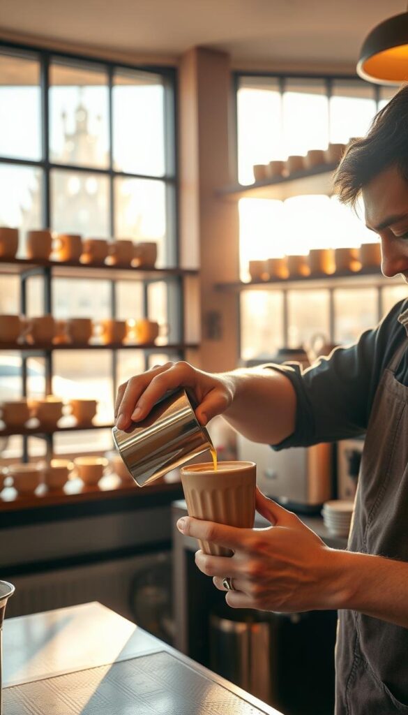 A cozy coffee shop interior with a barista skillfully pouring a latte into a beige ceramic cup. Warm natural light filters through large windows, casting a golden glow on the scene. The barista's hands move with practiced precision, creating intricate latte art. In the background, shelves display a variety of beige ceramic mugs, subtly showcasing different shades and textures. The overall atmosphere is one of relaxation and artisanship, inviting the viewer to imagine themselves enjoying a perfectly crafted beverage in a tranquil setting. A cozy coffee shop interior with a barista skillfully pouring a latte into a beige ceramic cup. Warm natural light filters through large windows, casting a golden glow on the scene. The barista's hands move with practiced precision, creating intricate latte art. In the background, shelves display a variety of beige ceramic mugs, subtly showcasing different shades and textures. The overall atmosphere is one of relaxation and artisanship, inviting the viewer to imagine themselves enjoying a perfectly crafted beverage in a tranquil setting.