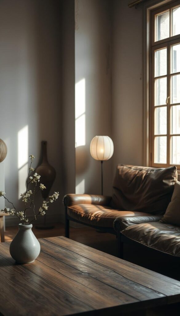 A cozy corner of a wabi-sabi inspired living room. In the foreground, a low wooden table with a single flower arrangement in a simple ceramic vase, showcasing the natural imperfections of the material. Nearby, a worn leather armchair with soft, patinated upholstery. The middle ground features a delicate paper lantern, its soft glow illuminating the space. In the background, a wall with exposed plaster, revealing the texture and age of the surface. Filtered, natural light streams in through a large window, casting a warm, muted ambiance. Subtle shadows and reflections add depth and character to the scene, celebrating the beauty of imperfection. A cozy corner of a wabi-sabi inspired living room. In the foreground, a low wooden table with a single flower arrangement in a simple ceramic vase, showcasing the natural imperfections of the material. Nearby, a worn leather armchair with soft, patinated upholstery. The middle ground features a delicate paper lantern, its soft glow illuminating the space. In the background, a wall with exposed plaster, revealing the texture and age of the surface. Filtered, natural light streams in through a large window, casting a warm, muted ambiance. Subtle shadows and reflections add depth and character to the scene, celebrating the beauty of imperfection.