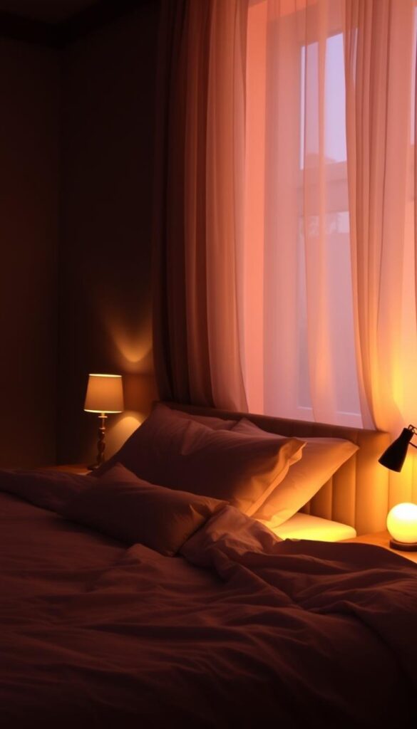 A cozy, dimly lit bedroom with soft, warm lighting casting a peaceful ambiance. A large bed with plush bedding invites restful slumber, while a pair of bedside lamps emit a gentle, soothing glow. In the background, a sheer curtain panels sway lightly, filtering in natural light and creating a calming, translucent effect. The scene conveys a sense of tranquility and escape, perfect for a serene, restorative retreat. A cozy, dimly lit bedroom with soft, warm lighting casting a peaceful ambiance. A large bed with plush bedding invites restful slumber, while a pair of bedside lamps emit a gentle, soothing glow. In the background, a sheer curtain panels sway lightly, filtering in natural light and creating a calming, translucent effect. The scene conveys a sense of tranquility and escape, perfect for a serene, restorative retreat.
