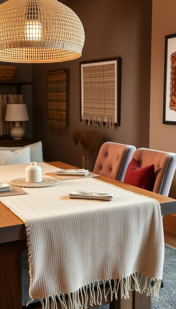 A cozy dining space with warm, inviting textures. In the foreground, a wooden table is layered with a plush, textured tablecloth in earthy tones. Draped across the table's edge, a soft, woolen throw adds an extra layer of warmth. Placed strategically on the tablecloth, handwoven placemats and napkins in complementary hues create a cohesive, tactile experience. The middle ground features high-backed, cushioned chairs upholstered in a velvety fabric, inviting guests to sink in and linger. Overhead, a statement light fixture with woven rattan accents casts a gentle, ambient glow, enhancing the room's intimate atmosphere. In the background, the walls are adorned with framed textile art, showcasing the rich textures and patterns that elevate the dining space. A cozy dining space with warm, inviting textures. In the foreground, a wooden table is layered with a plush, textured tablecloth in earthy tones. Draped across the table's edge, a soft, woolen throw adds an extra layer of warmth. Placed strategically on the tablecloth, handwoven placemats and napkins in complementary hues create a cohesive, tactile experience. The middle ground features high-backed, cushioned chairs upholstered in a velvety fabric, inviting guests to sink in and linger. Overhead, a statement light fixture with woven rattan accents casts a gentle, ambient glow, enhancing the room's intimate atmosphere. In the background, the walls are adorned with framed textile art, showcasing the rich textures and patterns that elevate the dining space.