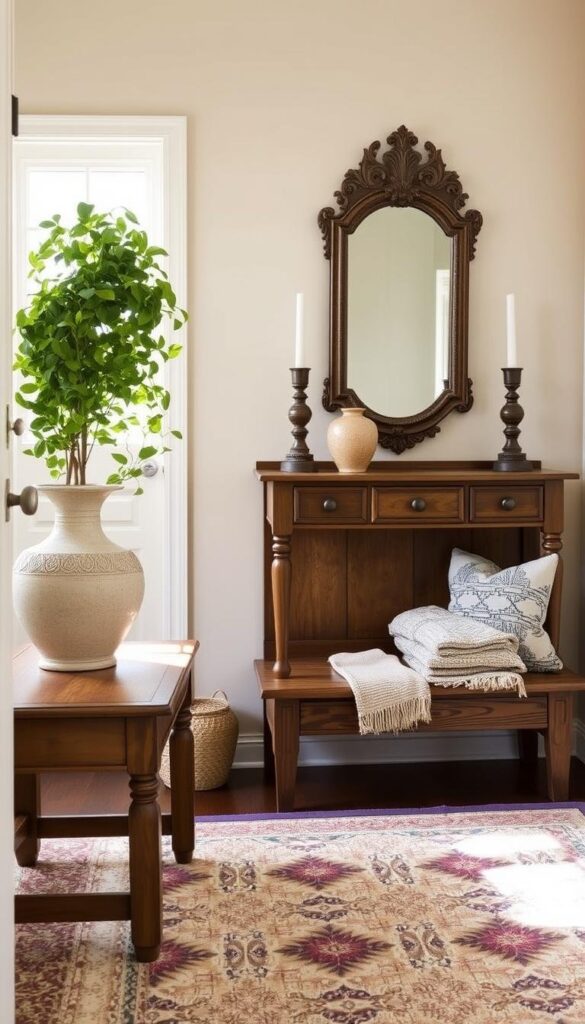 A cozy entryway with a warm, inviting atmosphere. In the foreground, a vintage wooden console table adorned with a lush, trailing plant, a textured ceramic vase, and a pair of artisanal candlesticks. On the wall, an ornate mirror reflects the natural light streaming in from the side window. The middle ground features a plush, patterned area rug underfoot, and a rustic wooden bench with neatly folded throws and pillows. In the background, a neutral-toned wall provides a serene backdrop, allowing the decorative elements to take center stage and create a personalized, welcoming space. A cozy entryway with a warm, inviting atmosphere. In the foreground, a vintage wooden console table adorned with a lush, trailing plant, a textured ceramic vase, and a pair of artisanal candlesticks. On the wall, an ornate mirror reflects the natural light streaming in from the side window. The middle ground features a plush, patterned area rug underfoot, and a rustic wooden bench with neatly folded throws and pillows. In the background, a neutral-toned wall provides a serene backdrop, allowing the decorative elements to take center stage and create a personalized, welcoming space.