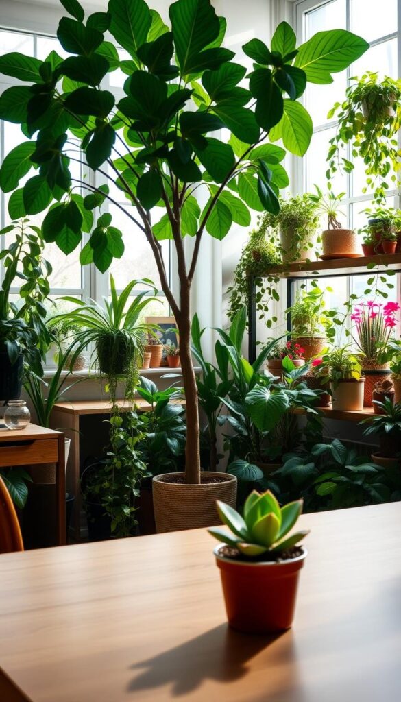 A cozy home office filled with lush, thriving indoor plants. In the foreground, a small potted succulent sits atop a minimalist wooden desk, its fleshy leaves casting soft shadows. The mid-ground features a large, leafy fiddle-leaf fig tree, its branches reaching towards the natural light streaming in from wide windows. In the background, a variety of potted plants - from trailing vines to vibrant flowering specimens - line the shelves, creating a verdant, calming atmosphere. The lighting is soft and diffused, accentuating the rich green hues and textures of the plants. The overall scene evokes a sense of growth, tranquility and productivity, perfectly suited for a vibrant home office space. A cozy home office filled with lush, thriving indoor plants. In the foreground, a small potted succulent sits atop a minimalist wooden desk, its fleshy leaves casting soft shadows. The mid-ground features a large, leafy fiddle-leaf fig tree, its branches reaching towards the natural light streaming in from wide windows. In the background, a variety of potted plants - from trailing vines to vibrant flowering specimens - line the shelves, creating a verdant, calming atmosphere. The lighting is soft and diffused, accentuating the rich green hues and textures of the plants. The overall scene evokes a sense of growth, tranquility and productivity, perfectly suited for a vibrant home office space.