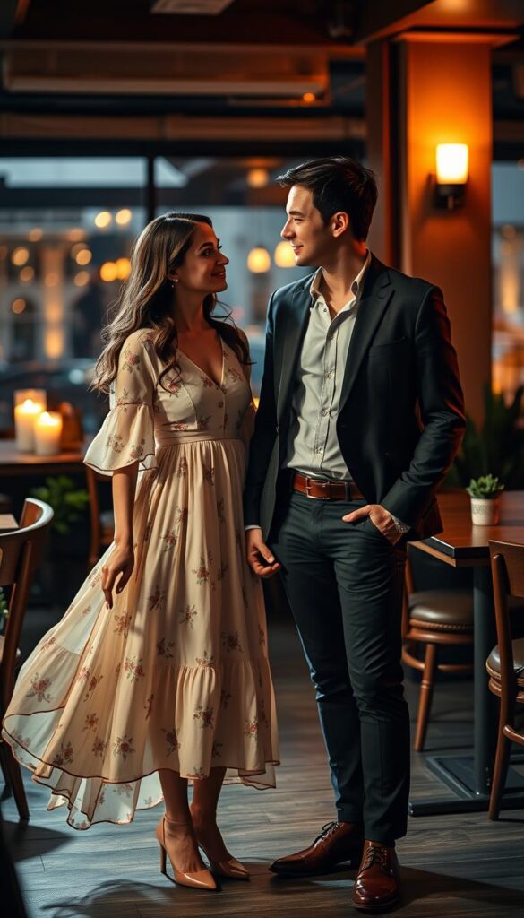 A cozy, intimate date night setting with a warm, inviting atmosphere. In the foreground, a graceful couple dressed in transitional spring fashion - she in a flowing, pastel-colored midi dress with delicate floral details, he in a tailored blazer, crisp button-down, and slim-fit chinos. The middle ground features a softly lit restaurant or cafe interior, with wooden furnishings, candlelight, and subtle greenery accents. The background is a blurred cityscape, hinting at the urban chic vibe. Dramatic, cinematic lighting casts dramatic shadows and highlights the couple's refined, elegant looks, creating an alluring, date night ambiance. A cozy, intimate date night setting with a warm, inviting atmosphere. In the foreground, a graceful couple dressed in transitional spring fashion - she in a flowing, pastel-colored midi dress with delicate floral details, he in a tailored blazer, crisp button-down, and slim-fit chinos. The middle ground features a softly lit restaurant or cafe interior, with wooden furnishings, candlelight, and subtle greenery accents. The background is a blurred cityscape, hinting at the urban chic vibe. Dramatic, cinematic lighting casts dramatic shadows and highlights the couple's refined, elegant looks, creating an alluring, date night ambiance.