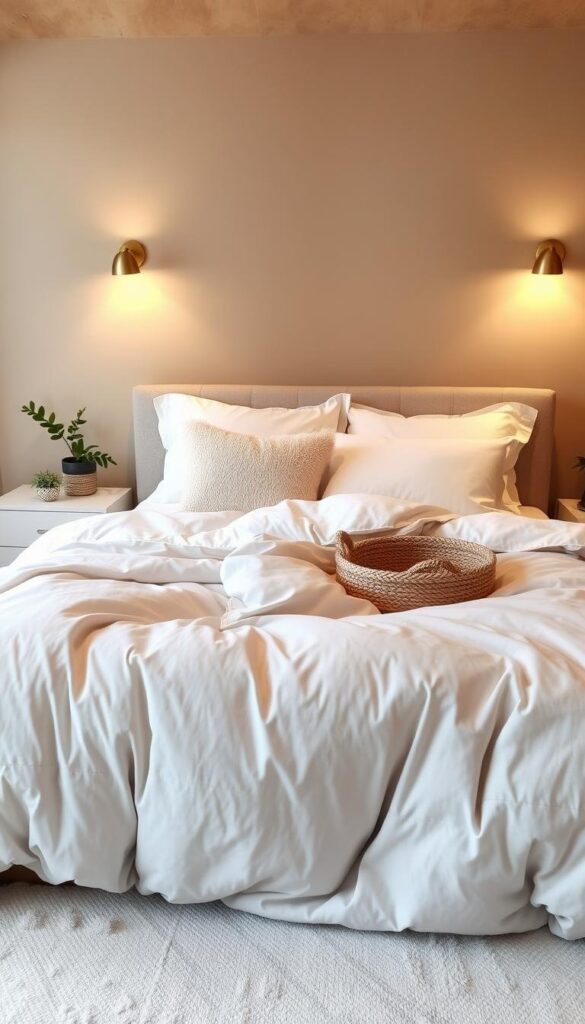 A cozy, inviting bedroom with a plush, oversized bedding set in shades of soft gray and ivory. The bedding features a fluffy down comforter, crisp white sheets, and plush, textured throw pillows. Warm, diffused lighting emanates from a pair of brass sconces mounted on the walls, creating a serene ambiance. The bed is placed against a backdrop of a neutral, earthy-toned wall, with a simple, minimalist nightstand on each side. A few carefully placed houseplants and a woven basket add natural, calming elements to the scene. The overall atmosphere radiates a sense of tranquility and relaxation, inviting the viewer to sink into the comfort of this peaceful retreat. A cozy, inviting bedroom with a plush, oversized bedding set in shades of soft gray and ivory. The bedding features a fluffy down comforter, crisp white sheets, and plush, textured throw pillows. Warm, diffused lighting emanates from a pair of brass sconces mounted on the walls, creating a serene ambiance. The bed is placed against a backdrop of a neutral, earthy-toned wall, with a simple, minimalist nightstand on each side. A few carefully placed houseplants and a woven basket add natural, calming elements to the scene. The overall atmosphere radiates a sense of tranquility and relaxation, inviting the viewer to sink into the comfort of this peaceful retreat.
