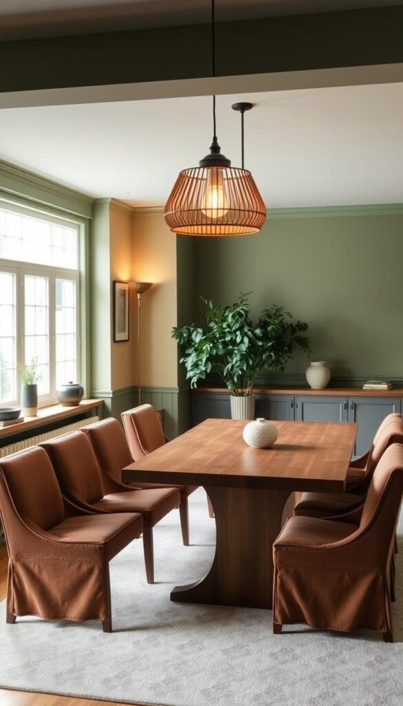 A cozy, inviting dining room with a soothing color palette that evokes a sense of comfort and relaxation. The main focal point is a large, rectangular wooden dining table surrounded by plush, upholstered chairs in a rich, earthy tone. The walls are painted in a soft, muted green hue, creating a calming and serene atmosphere. Subtle lighting fixtures, such as a pendant lamp with a warm, golden glow, illuminate the space, casting a gentle ambiance. In the background, a large window allows natural light to flood the room, creating a bright and airy feel. Touches of décor, like a lush, potted plant and a decorative vase, add pops of color and texture, enhancing the overall aesthetic. The overall scene conveys a harmonious and inviting mood, perfect for an intimate dining experience. A cozy, inviting dining room with a soothing color palette that evokes a sense of comfort and relaxation. The main focal point is a large, rectangular wooden dining table surrounded by plush, upholstered chairs in a rich, earthy tone. The walls are painted in a soft, muted green hue, creating a calming and serene atmosphere. Subtle lighting fixtures, such as a pendant lamp with a warm, golden glow, illuminate the space, casting a gentle ambiance. In the background, a large window allows natural light to flood the room, creating a bright and airy feel. Touches of décor, like a lush, potted plant and a decorative vase, add pops of color and texture, enhancing the overall aesthetic. The overall scene conveys a harmonious and inviting mood, perfect for an intimate dining experience.