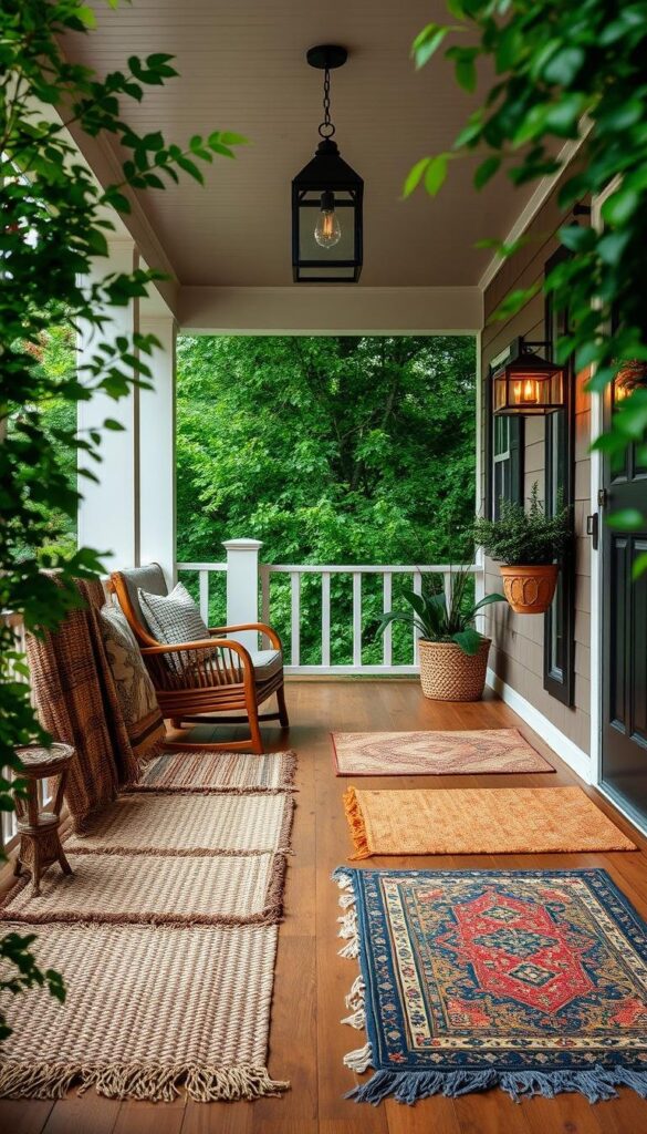 A cozy, inviting front porch adorned with a collection of stylish, textured area rugs. The porch features warm wooden floors and a charming, rustic aesthetic. The rugs, in a variety of patterns and earth-toned hues, anchor the space and add visual interest. Soft lighting from sconces and a hanging lantern creates a welcoming ambiance, casting a gentle glow across the scene. The porch is framed by lush, verdant foliage, hinting at the verdant summer setting. Shot at a medium angle, the composition highlights the integration of the functional yet decorative rugs into the overall porch design. A cozy, inviting front porch adorned with a collection of stylish, textured area rugs. The porch features warm wooden floors and a charming, rustic aesthetic. The rugs, in a variety of patterns and earth-toned hues, anchor the space and add visual interest. Soft lighting from sconces and a hanging lantern creates a welcoming ambiance, casting a gentle glow across the scene. The porch is framed by lush, verdant foliage, hinting at the verdant summer setting. Shot at a medium angle, the composition highlights the integration of the functional yet decorative rugs into the overall porch design.
