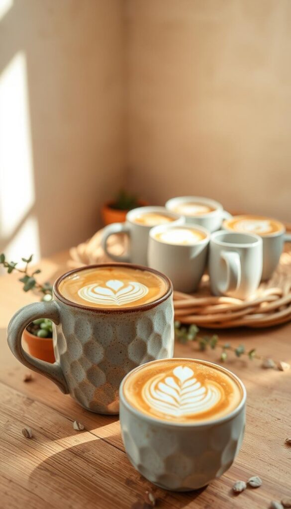 A cozy, inviting latte art home decor scene, bathed in warm beige tones. In the foreground, a textured ceramic mug filled with intricate latte art - a delicate leaf or flower design, cast in creamy tones. The mug rests on a rustic wooden surface, surrounded by small potted succulents and a sprig of eucalyptus. In the middle ground, a woven basket or tray holds additional ceramic mugs, each showcasing unique latte art patterns. The background features a soft, slightly blurred, textured wall in a soothing beige hue, evoking a sense of tranquility. Natural light filters in, creating gentle shadows and highlights that enhance the cozy, intimate atmosphere. A cozy, inviting latte art home decor scene, bathed in warm beige tones. In the foreground, a textured ceramic mug filled with intricate latte art - a delicate leaf or flower design, cast in creamy tones. The mug rests on a rustic wooden surface, surrounded by small potted succulents and a sprig of eucalyptus. In the middle ground, a woven basket or tray holds additional ceramic mugs, each showcasing unique latte art patterns. The background features a soft, slightly blurred, textured wall in a soothing beige hue, evoking a sense of tranquility. Natural light filters in, creating gentle shadows and highlights that enhance the cozy, intimate atmosphere.