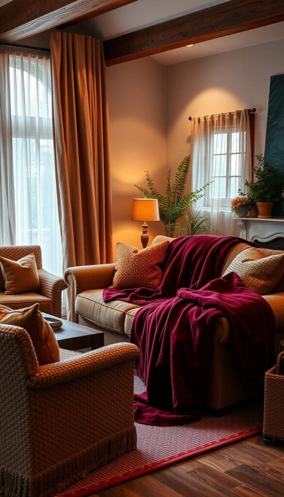 A cozy, inviting living room with plush, textured fabrics in warm autumn tones. The focal point is a large, overstuffed sofa draped in a soft, velvety throw blanket in a rich burgundy hue. Complementing armchairs are upholstered in a woven, earthy pattern. Decorative pillows in complementary hues of ochre, terracotta, and muted greens add depth and visual interest. The lighting is soft and ambient, creating a intimate, welcoming atmosphere. Sheer, flowing curtains in a lush, textured fabric frame the windows, gently diffusing the natural light. Rustic wood accents and potted plants enhance the organic, inviting feel of the space. A cozy, inviting living room with plush, textured fabrics in warm autumn tones. The focal point is a large, overstuffed sofa draped in a soft, velvety throw blanket in a rich burgundy hue. Complementing armchairs are upholstered in a woven, earthy pattern. Decorative pillows in complementary hues of ochre, terracotta, and muted greens add depth and visual interest. The lighting is soft and ambient, creating a intimate, welcoming atmosphere. Sheer, flowing curtains in a lush, textured fabric frame the windows, gently diffusing the natural light. Rustic wood accents and potted plants enhance the organic, inviting feel of the space.