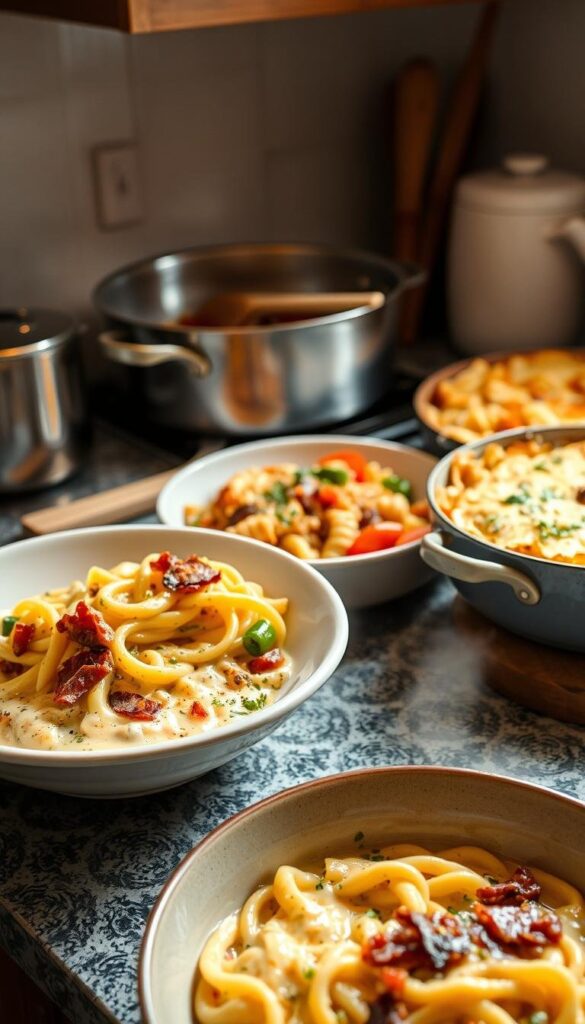A cozy kitchen counter displaying a variety of freshly prepared one-pot pasta dishes, bathed in soft, warm lighting. In the foreground, a steaming bowl of creamy carbonara with crispy pancetta. In the middle, a vibrant pasta primavera tossed with tender spring vegetables. In the background, a comforting baked ziti, its golden, bubbly cheese topping inviting the senses. The mood is relaxed, homey, and effortlessly delicious, capturing the essence of easy, one-pot spring meals. A cozy kitchen counter displaying a variety of freshly prepared one-pot pasta dishes, bathed in soft, warm lighting. In the foreground, a steaming bowl of creamy carbonara with crispy pancetta. In the middle, a vibrant pasta primavera tossed with tender spring vegetables. In the background, a comforting baked ziti, its golden, bubbly cheese topping inviting the senses. The mood is relaxed, homey, and effortlessly delicious, capturing the essence of easy, one-pot spring meals.