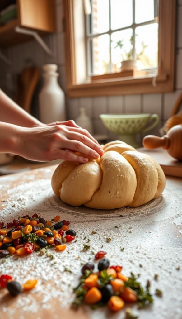 A cozy kitchen counter, filled with the warm aroma of yeast. In the foreground, delicate hands knead the soft, golden dough, kneading rhythmically as the sunlight from a nearby window casts a gentle glow. Colorful speckles of dried fruit and fragrant herbs are scattered across the counter, ready to be incorporated into the plump, braided loaf. In the background, a vintage rolling pin and a dusting of flour suggest the homemade nature of this Easter bread preparation. The scene exudes a sense of comfort, tradition, and the love that goes into crafting this beloved holiday treat. A cozy kitchen counter, filled with the warm aroma of yeast. In the foreground, delicate hands knead the soft, golden dough, kneading rhythmically as the sunlight from a nearby window casts a gentle glow. Colorful speckles of dried fruit and fragrant herbs are scattered across the counter, ready to be incorporated into the plump, braided loaf. In the background, a vintage rolling pin and a dusting of flour suggest the homemade nature of this Easter bread preparation. The scene exudes a sense of comfort, tradition, and the love that goes into crafting this beloved holiday treat.