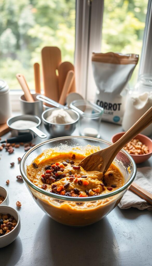 A cozy kitchen scene showcasing the step-by-step process of combining wet and dry ingredients for carrot muffins with raisins and nuts. In the foreground, a mixing bowl filled with a golden batter, speckled with flecks of orange carrot and brown raisins. Alongside, a wooden spoon gently folds the mixture. In the middle ground, various baking tools and ingredients are neatly arranged - measuring cups, a sifter, a bag of flour, and a small bowl of chopped nuts. The background features a sun-dappled window overlooking a lush garden, creating a warm, homey atmosphere. Soft, diffused lighting illuminates the scene, highlighting the textures and colors of the baking process. The overall composition conveys a sense of wholesome, artisanal baking, inviting the viewer to imagine the aroma and taste of the delectable carrot muffins. A cozy kitchen scene showcasing the step-by-step process of combining wet and dry ingredients for carrot muffins with raisins and nuts. In the foreground, a mixing bowl filled with a golden batter, speckled with flecks of orange carrot and brown raisins. Alongside, a wooden spoon gently folds the mixture. In the middle ground, various baking tools and ingredients are neatly arranged - measuring cups, a sifter, a bag of flour, and a small bowl of chopped nuts. The background features a sun-dappled window overlooking a lush garden, creating a warm, homey atmosphere. Soft, diffused lighting illuminates the scene, highlighting the textures and colors of the baking process. The overall composition conveys a sense of wholesome, artisanal baking, inviting the viewer to imagine the aroma and taste of the delectable carrot muffins.