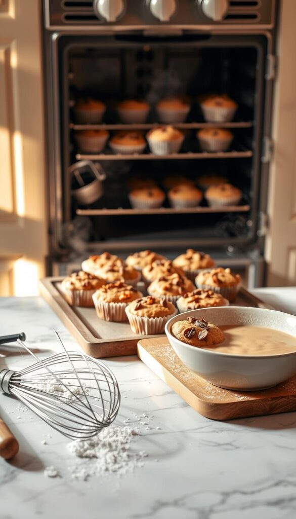 A cozy kitchen scene with freshly baked raisin nut muffins on a wooden baking tray, steam gently rising from the golden-brown tops. In the foreground, a whisk, spatula, and mixing bowl with batter sit on a flour-dusted marble countertop. Warm, directional lighting casts soft shadows, creating an inviting, homey atmosphere. The middle ground showcases a rack of cooling muffins, their plump, nutty tops enticing the viewer. In the background, a vintage oven with an open door reveals the baking process, the muffins rising to perfection. The entire composition evokes the comforting aroma and satisfying experience of preparing this delectable treat. A cozy kitchen scene with freshly baked raisin nut muffins on a wooden baking tray, steam gently rising from the golden-brown tops. In the foreground, a whisk, spatula, and mixing bowl with batter sit on a flour-dusted marble countertop. Warm, directional lighting casts soft shadows, creating an inviting, homey atmosphere. The middle ground showcases a rack of cooling muffins, their plump, nutty tops enticing the viewer. In the background, a vintage oven with an open door reveals the baking process, the muffins rising to perfection. The entire composition evokes the comforting aroma and satisfying experience of preparing this delectable treat.