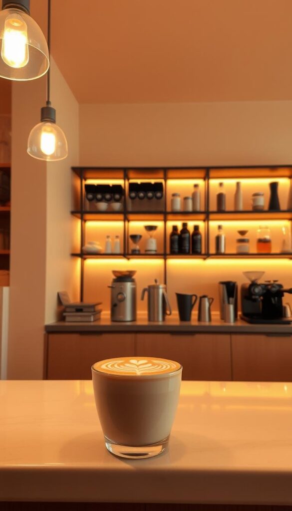 A cozy latte bar with warm beige tones, ambient lighting, and elegant latte art decorations. Soft pendant lights cast a gentle glow over the counter, accentuating the latte's rich, creamy foam and intricate designs. In the background, a wall of shelves displays an array of coffee-making equipment, all bathed in a golden, inviting light. The overall atmosphere is one of tranquility and comfort, perfect for savoring the moment and appreciating the art of latte decoration. A cozy latte bar with warm beige tones, ambient lighting, and elegant latte art decorations. Soft pendant lights cast a gentle glow over the counter, accentuating the latte's rich, creamy foam and intricate designs. In the background, a wall of shelves displays an array of coffee-making equipment, all bathed in a golden, inviting light. The overall atmosphere is one of tranquility and comfort, perfect for savoring the moment and appreciating the art of latte decoration.