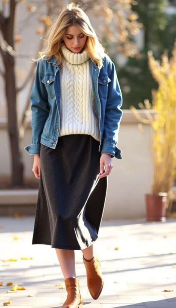 A cozy, layered sweater outfit for transitional weather. In the foreground, a cream cable-knit sweater with a high neck, paired with a charcoal gray midi skirt. In the middle ground, a hooded denim jacket, its sleeves casually rolled up. In the background, a pair of ankle boots in a rich caramel tone, laced up against the chill. Soft, natural lighting illuminates the scene, casting a warm, autumnal glow. The overall atmosphere is one of effortless, layered style - perfect for those in-between days when the weather can't quite make up its mind. A cozy, layered sweater outfit for transitional weather. In the foreground, a cream cable-knit sweater with a high neck, paired with a charcoal gray midi skirt. In the middle ground, a hooded denim jacket, its sleeves casually rolled up. In the background, a pair of ankle boots in a rich caramel tone, laced up against the chill. Soft, natural lighting illuminates the scene, casting a warm, autumnal glow. The overall atmosphere is one of effortless, layered style - perfect for those in-between days when the weather can't quite make up its mind.