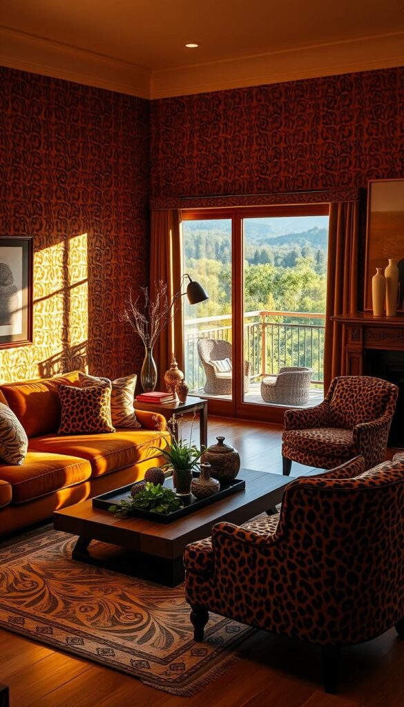 A cozy living room bathed in warm, golden light, the walls adorned with a striking leopard print pattern. In the foreground, a plush velvet sofa accented with matching throw pillows, while a stylish leopard print armchair sits adjacent. Tasteful leopard print accents, such as a rug and decorative vases, add a touch of wild sophistication to the space. Indirect lighting casts a soft, inviting glow, creating an atmosphere of luxurious relaxation. The middle ground features a wooden coffee table topped with lush greenery and decorative objects, complementing the natural tones of the room. In the background, a large window offers a glimpse of a lush, verdant landscape, blending the indoor and outdoor spaces seamlessly. A cozy living room bathed in warm, golden light, the walls adorned with a striking leopard print pattern. In the foreground, a plush velvet sofa accented with matching throw pillows, while a stylish leopard print armchair sits adjacent. Tasteful leopard print accents, such as a rug and decorative vases, add a touch of wild sophistication to the space. Indirect lighting casts a soft, inviting glow, creating an atmosphere of luxurious relaxation. The middle ground features a wooden coffee table topped with lush greenery and decorative objects, complementing the natural tones of the room. In the background, a large window offers a glimpse of a lush, verdant landscape, blending the indoor and outdoor spaces seamlessly.