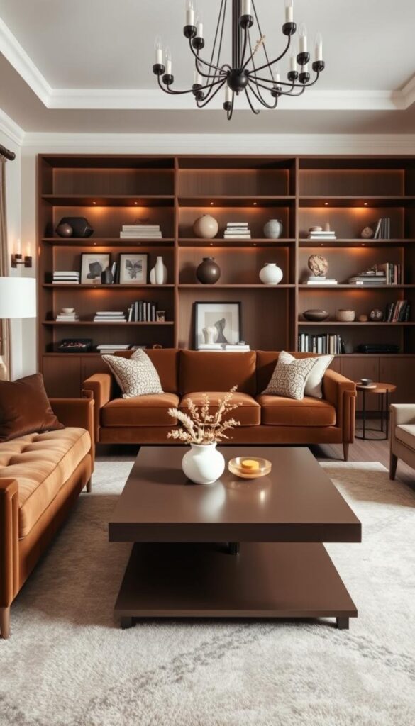 A cozy living room bathed in warm, mocha-toned lighting. In the foreground, a plush, velvet sofa in a rich, earthy hue invites relaxation. Accessorized with textured throw pillows and a soft, neutral area rug, the space exudes refined elegance. On the middle ground, a sleek, mid-century modern coffee table in a matte mocha finish stands as the centerpiece, flanked by matching end tables with aged brass accents. Against the backdrop, a floor-to-ceiling bookshelf in a complementary mocha tone showcases decorative vases, ceramics, and artful books. Soft, diffused lighting from minimalist sconces and a statement chandelier above create a warm, inviting ambiance, perfect for an intimate, cozy gathering. A cozy living room bathed in warm, mocha-toned lighting. In the foreground, a plush, velvet sofa in a rich, earthy hue invites relaxation. Accessorized with textured throw pillows and a soft, neutral area rug, the space exudes refined elegance. On the middle ground, a sleek, mid-century modern coffee table in a matte mocha finish stands as the centerpiece, flanked by matching end tables with aged brass accents. Against the backdrop, a floor-to-ceiling bookshelf in a complementary mocha tone showcases decorative vases, ceramics, and artful books. Soft, diffused lighting from minimalist sconces and a statement chandelier above create a warm, inviting ambiance, perfect for an intimate, cozy gathering.