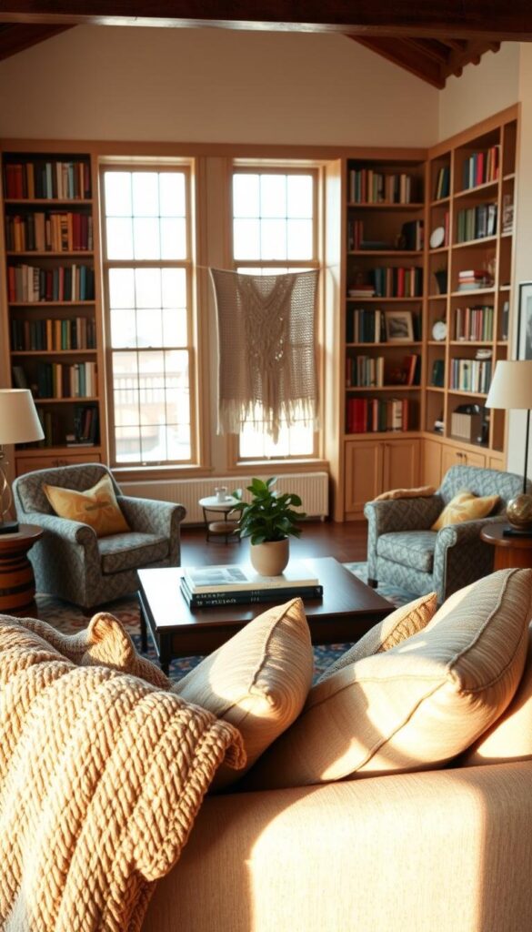 A cozy living room bathed in warm, soft lighting. In the foreground, a plush, inviting sofa adorned with a variety of textured throw pillows and a chunky knit blanket, creating a cozy and welcoming atmosphere. The middle ground features a low coffee table topped with a potted plant and a stack of artful books, surrounded by a pair of matching armchairs with patterned upholstery. In the background, floor-to-ceiling bookshelves line the walls, interspersed with framed artwork and decorative textiles, such as a woven wall hanging or a richly-colored area rug, adding layers of warmth and depth to the space. A cozy living room bathed in warm, soft lighting. In the foreground, a plush, inviting sofa adorned with a variety of textured throw pillows and a chunky knit blanket, creating a cozy and welcoming atmosphere. The middle ground features a low coffee table topped with a potted plant and a stack of artful books, surrounded by a pair of matching armchairs with patterned upholstery. In the background, floor-to-ceiling bookshelves line the walls, interspersed with framed artwork and decorative textiles, such as a woven wall hanging or a richly-colored area rug, adding layers of warmth and depth to the space.